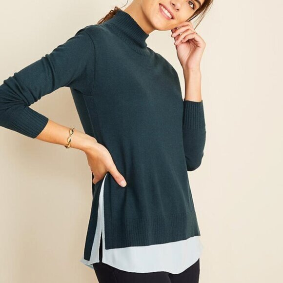 NEW NWT ANN TAYLOR Mixed Media Mock Neck Sweater Teal Green Blue Layered Twofer - Picture 1 of 14